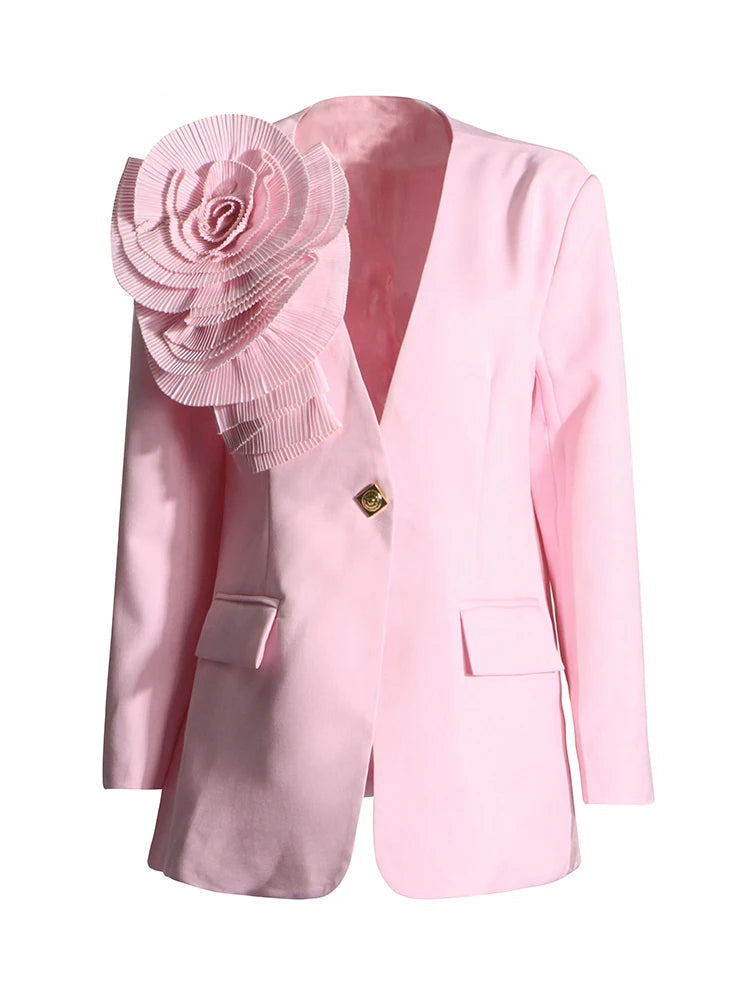 Zalia Atelier | Pink Floral Appliques Blazer