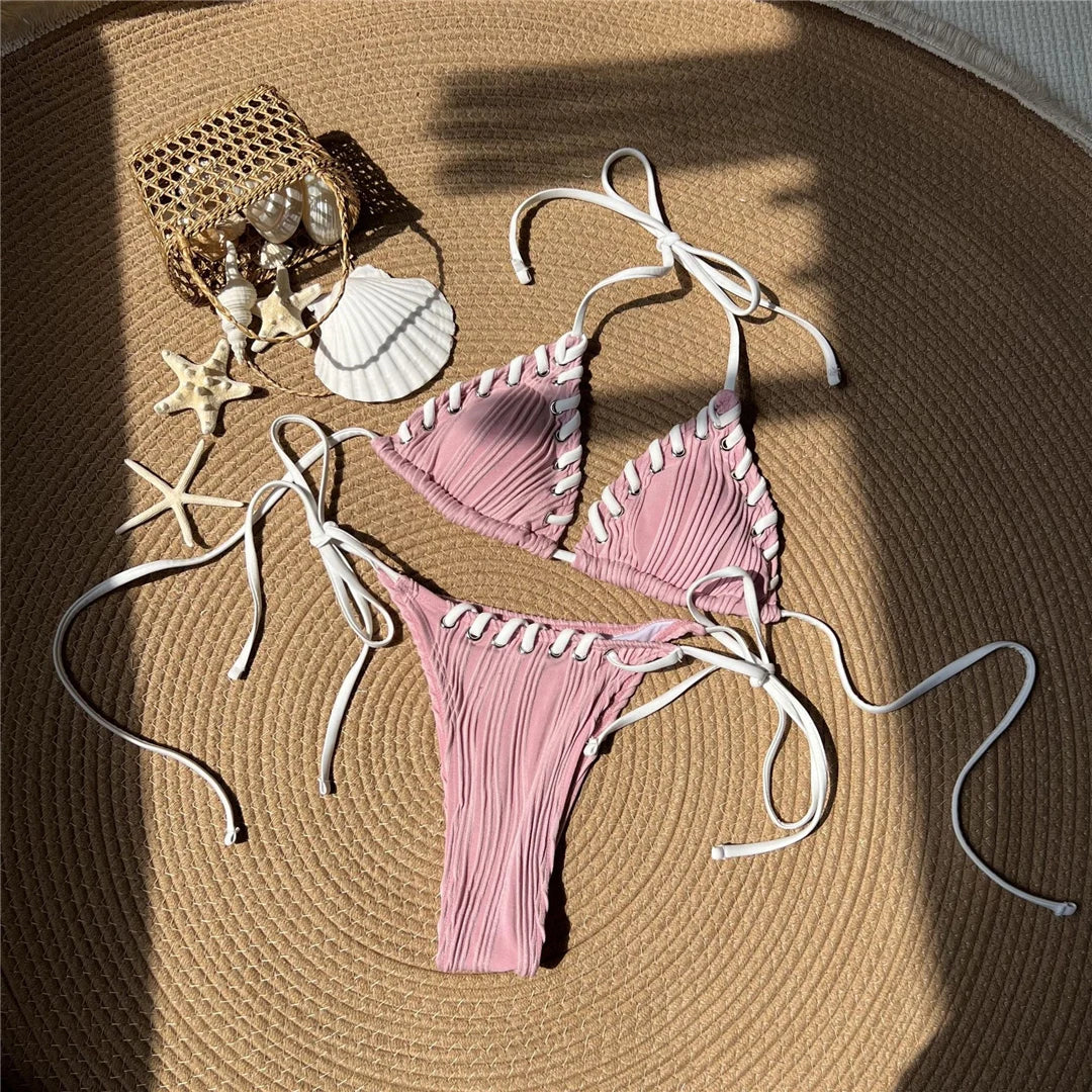 Zalia Atelier | Pink Halter Ribbed Bikini