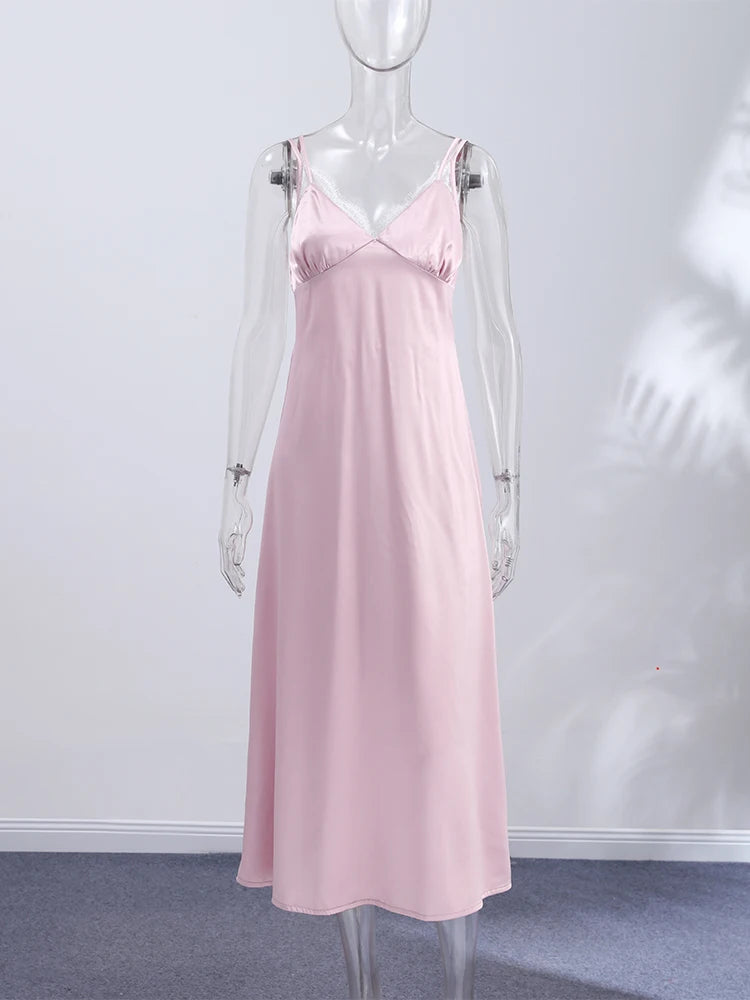 Pink Lace Detail Dress Romantic Style Satin Dress