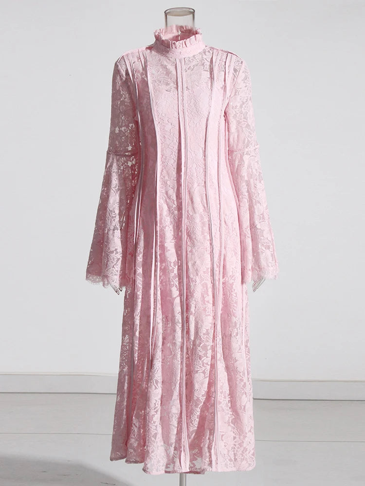 Embroidered Lace Maxi Dress with Stand Collar and Flared Sleeves, Pink / S Embroidered Lace Maxi Dress with Stand Collar and Flared Sleeves, Pink / S