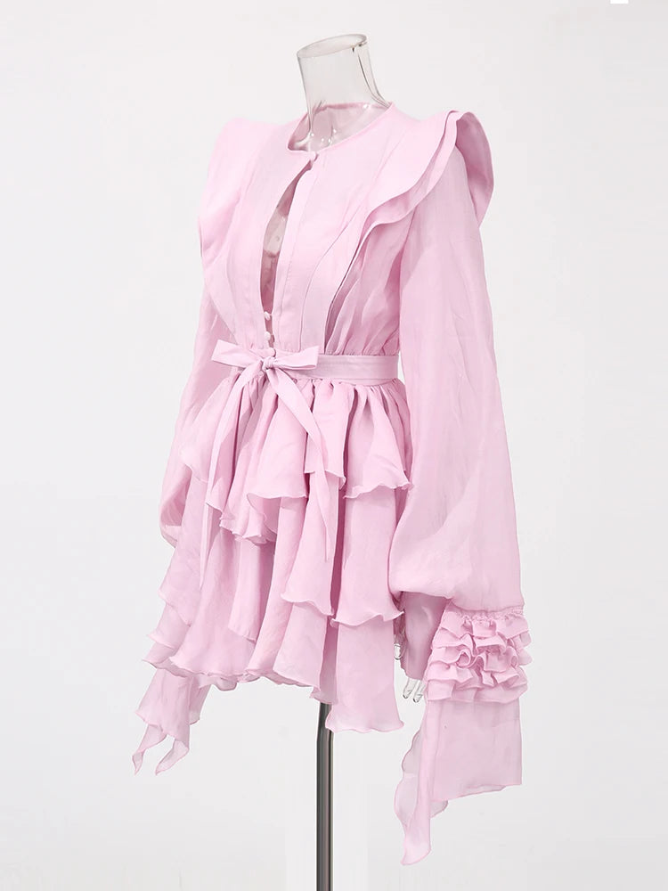 Pink Ruffles Mini Dress Long Sleeves | Zalia Atelier