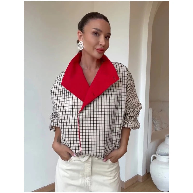 Plaid Contrasting Jacket - Red Collar