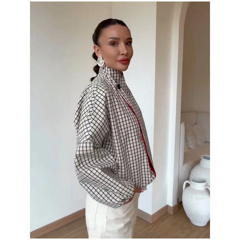 Plaid Contrasting Jacket - Red Collar