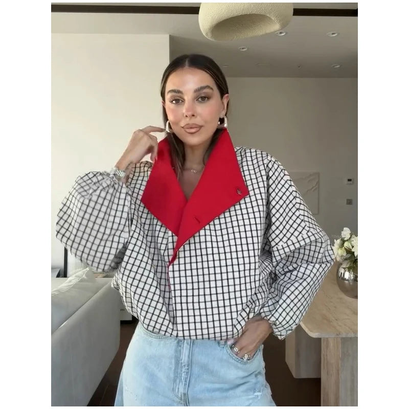 Plaid Contrasting Jacket - Red Collar