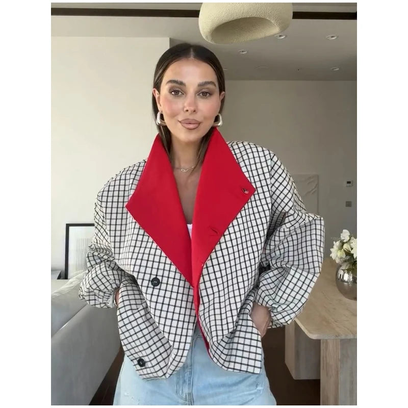Plaid Contrasting Jacket - Red Collar