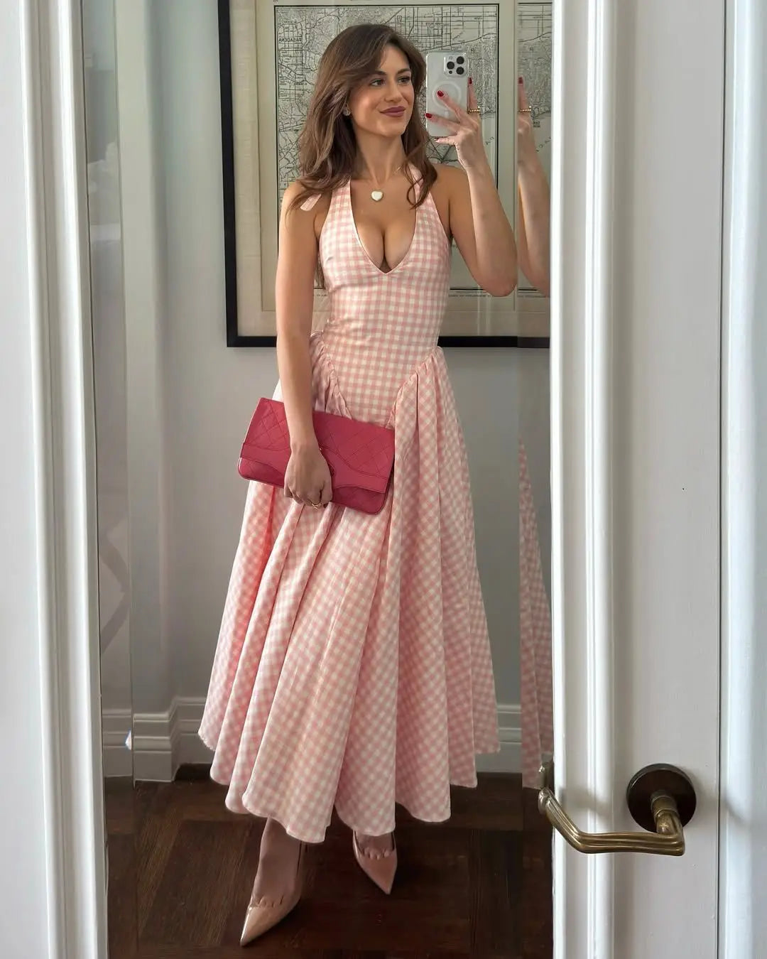 Plaid Halter Midi Dress