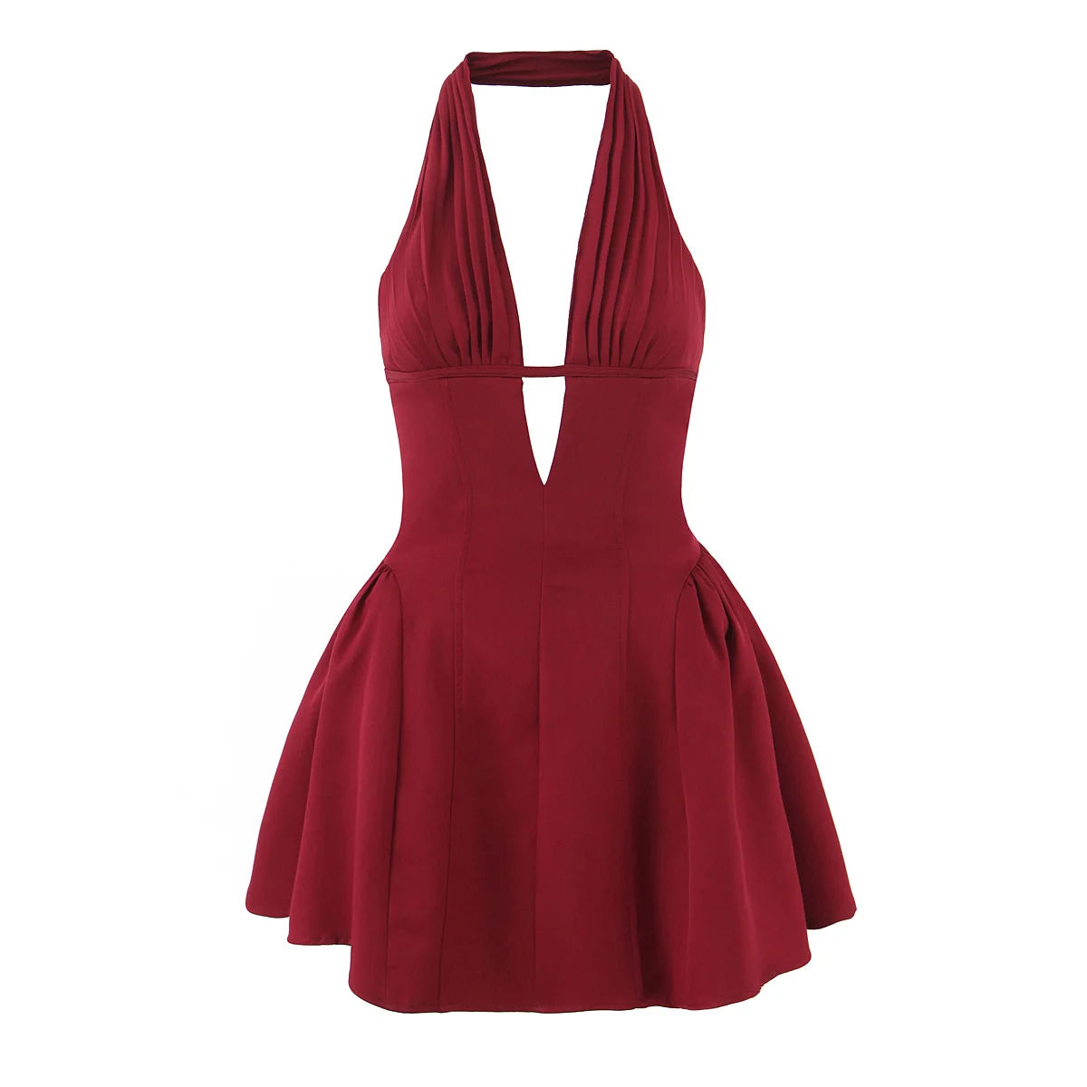 Zalia Atelier - Red Deep V Halter Mini Dress 