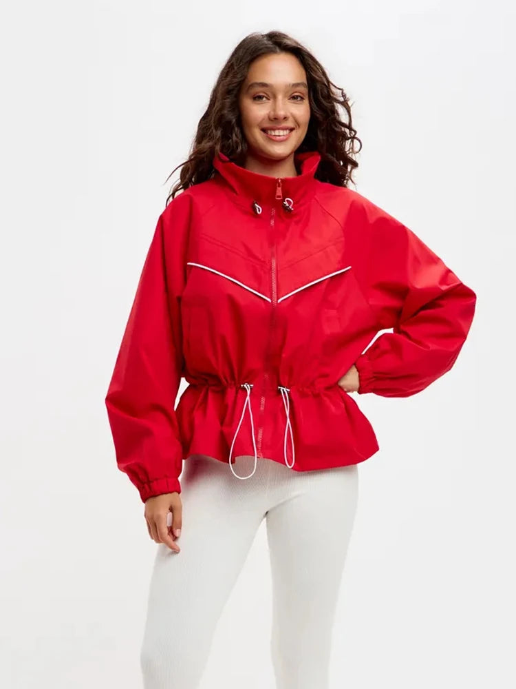 Red Drawstring Waist Windbreaker Jacket