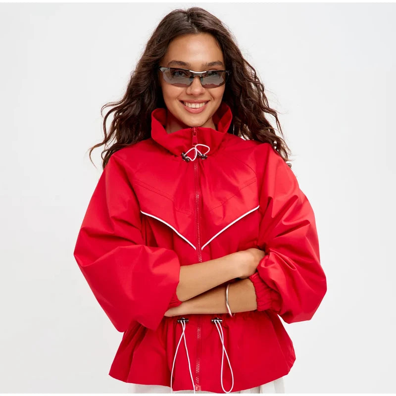 Red Drawstring Waist Windbreaker Jacket