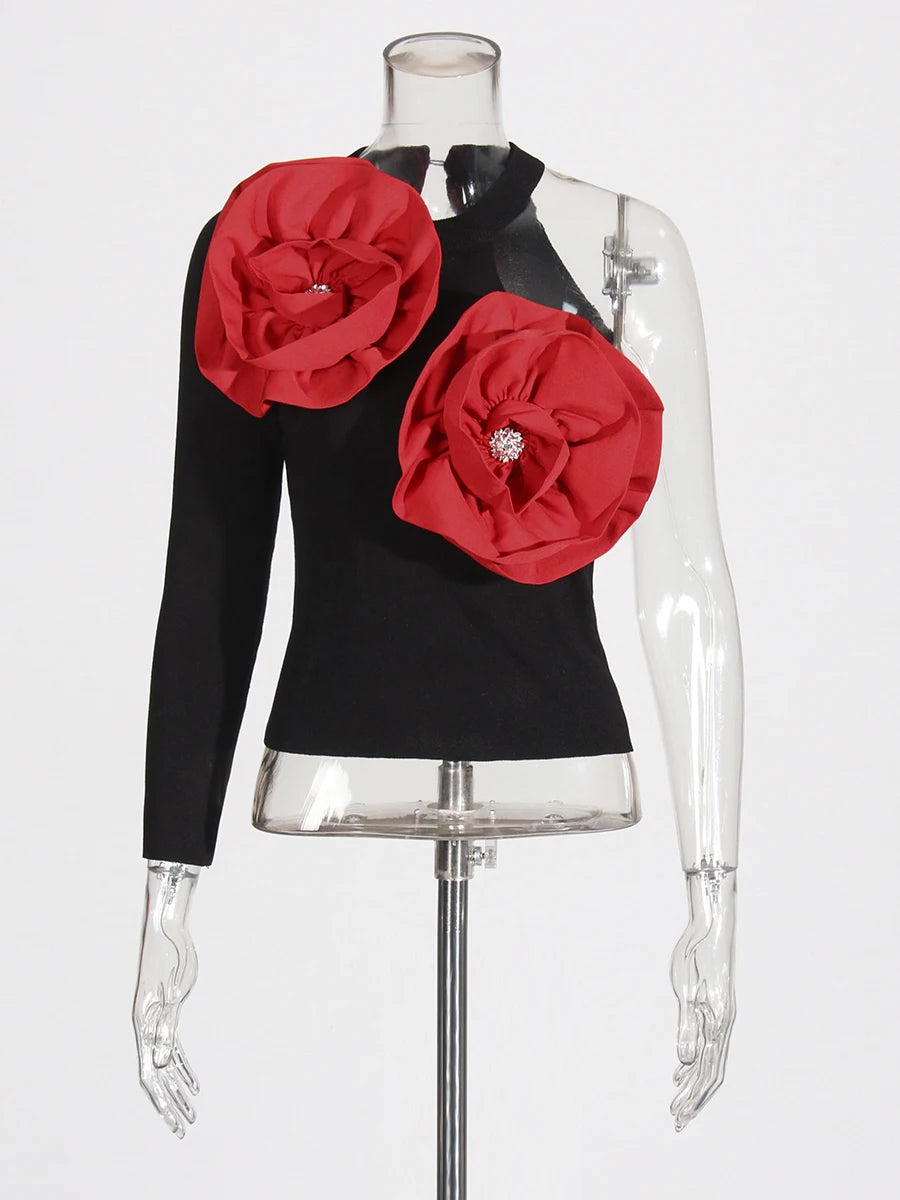 Zalia Atelier | Red Flower Applique Black Top