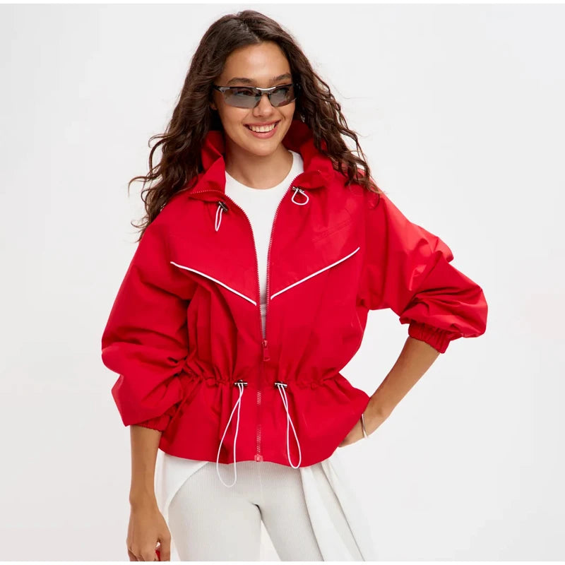 Red Drawstring Waist Windbreaker Jacket