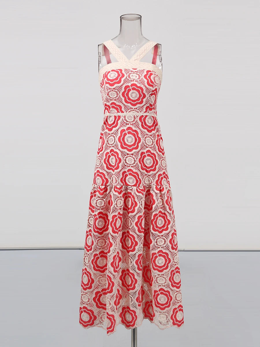 Zalia Atelier | Red and Pink Embroidered Lace Midi Dress