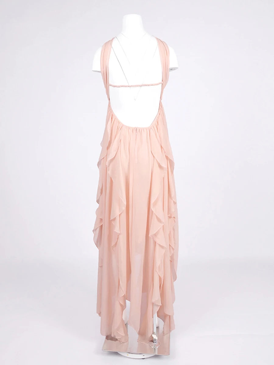 Reverse Halter Neck Dress | Peach Pink | Back