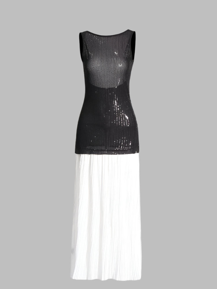 Rhinestone Contrast Dress Sheer Black