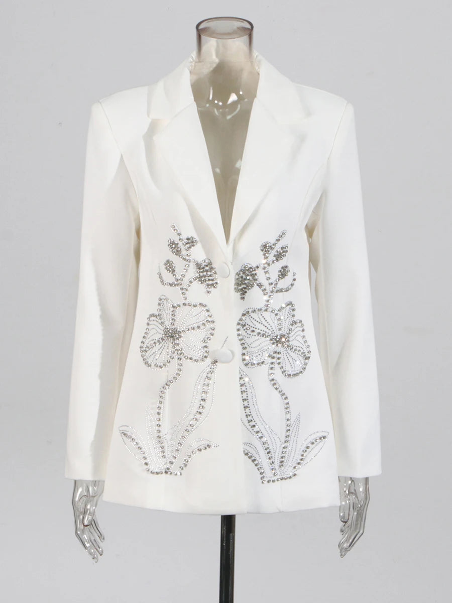 Zalia Atelier | Rhinestone Design Blazer Front White