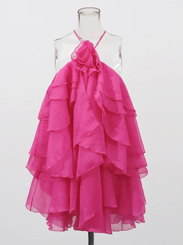 Rose Pink Cascading Ruffles Mini Dress | Front