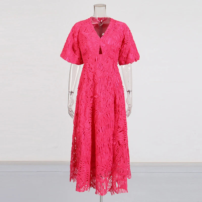Zalia Atelier - Rose Pink Woven Textured Midi Dress