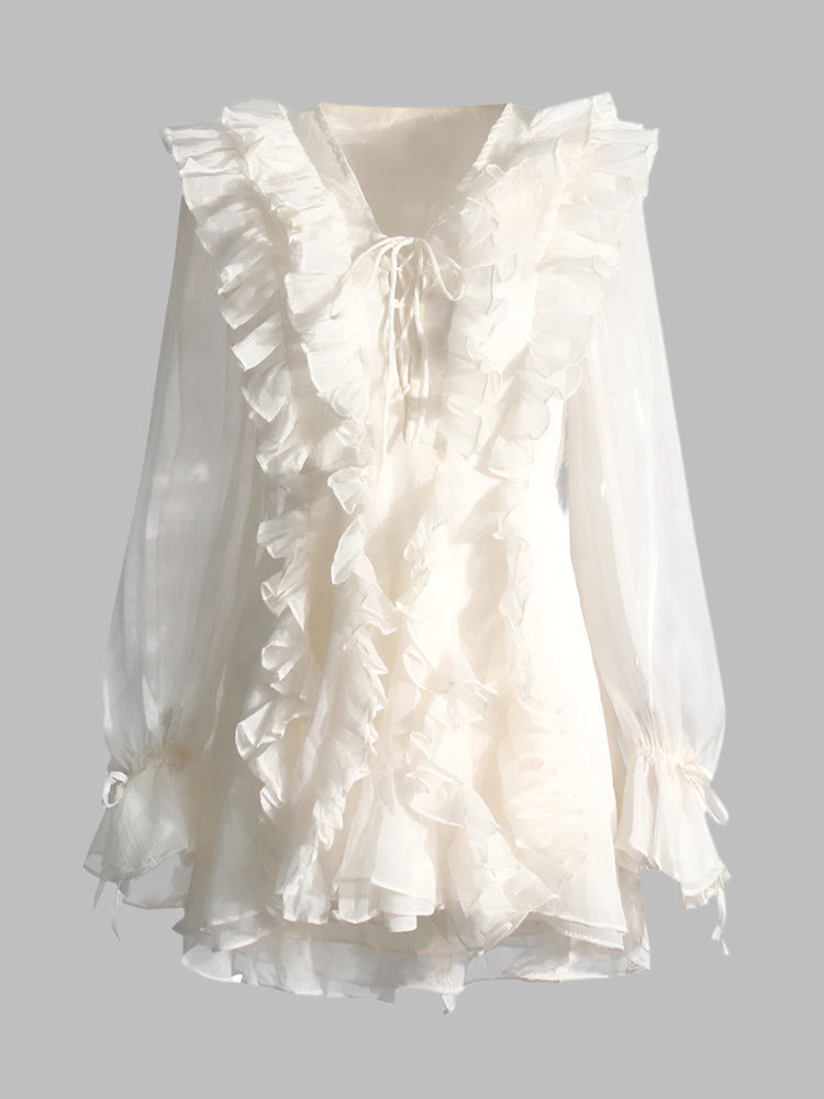 Zalia Atelier | White Ruffles Mini Dress Long Sleeves