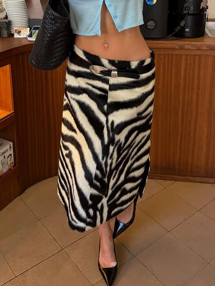 Faux Fur Zebra Midi Skirt