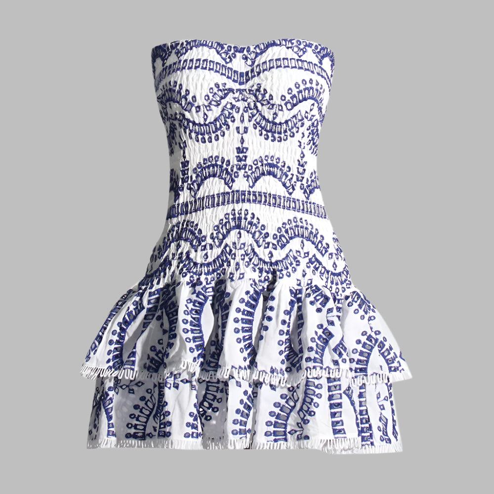 Women Print Strapless Mini Dress Sexy Slim Backless Sleeveless Ruffles High Waist Vestidos Summer Ladies Party Club Dress Blue / L