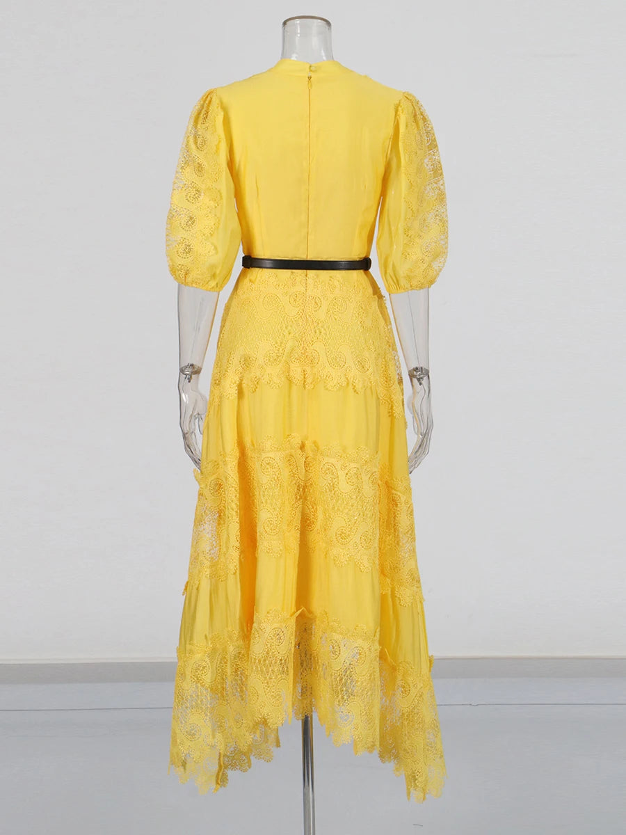 Belted Embroidered Lace Dress