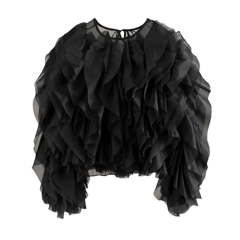 Zalia Atelier | Black Chiffon Ruffle Blouse | Designer Chloe Inspired