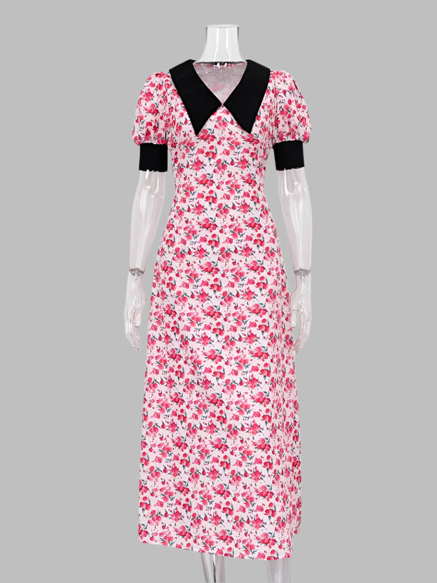 Doll Collar | Pink Floral Print | Midi Length Midi Dress | Zalia Atelier