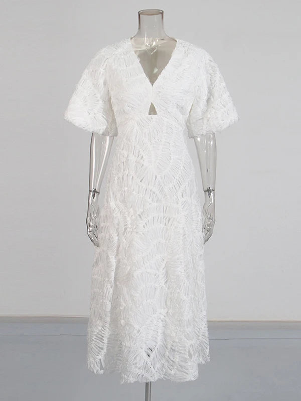 White Woven Textured Midi Dress 
