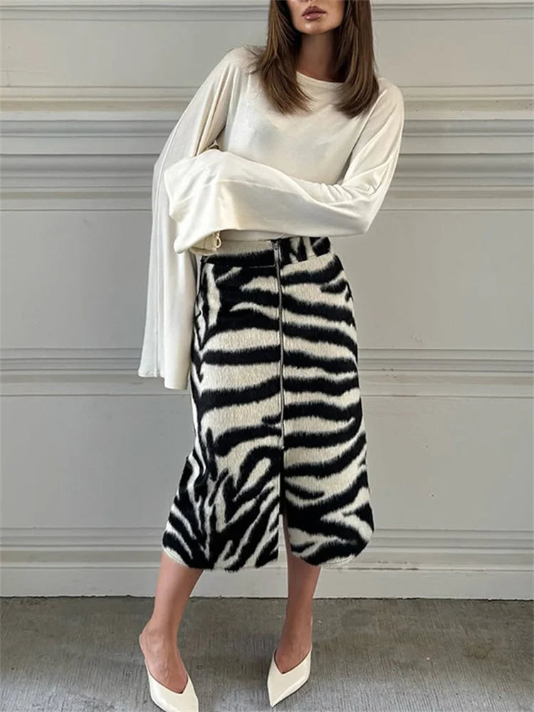 Faux Fur Zebra Midi Skirt