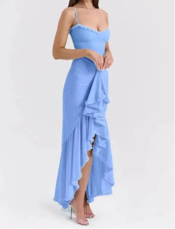 Mesh Ruffled Front Gown Blue / XS Mesh Ruffled Front Gown Blue / XS