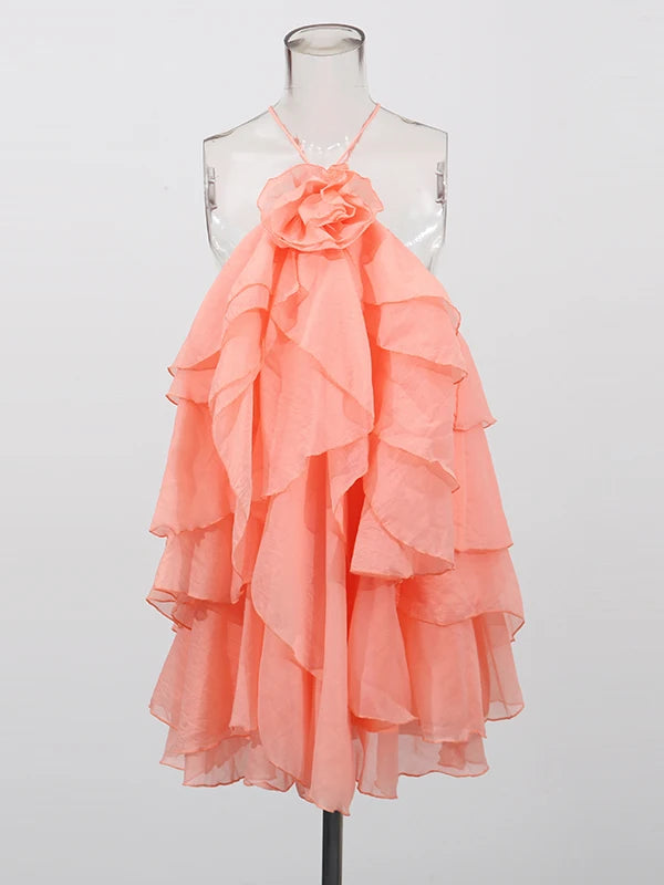 Zalia Atelier | Salmon Pink Cascading Ruffles Mini Dress