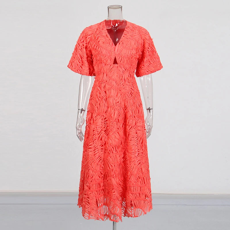 Zalia Atelier - Salmon Pink Woven Textured Midi Dress