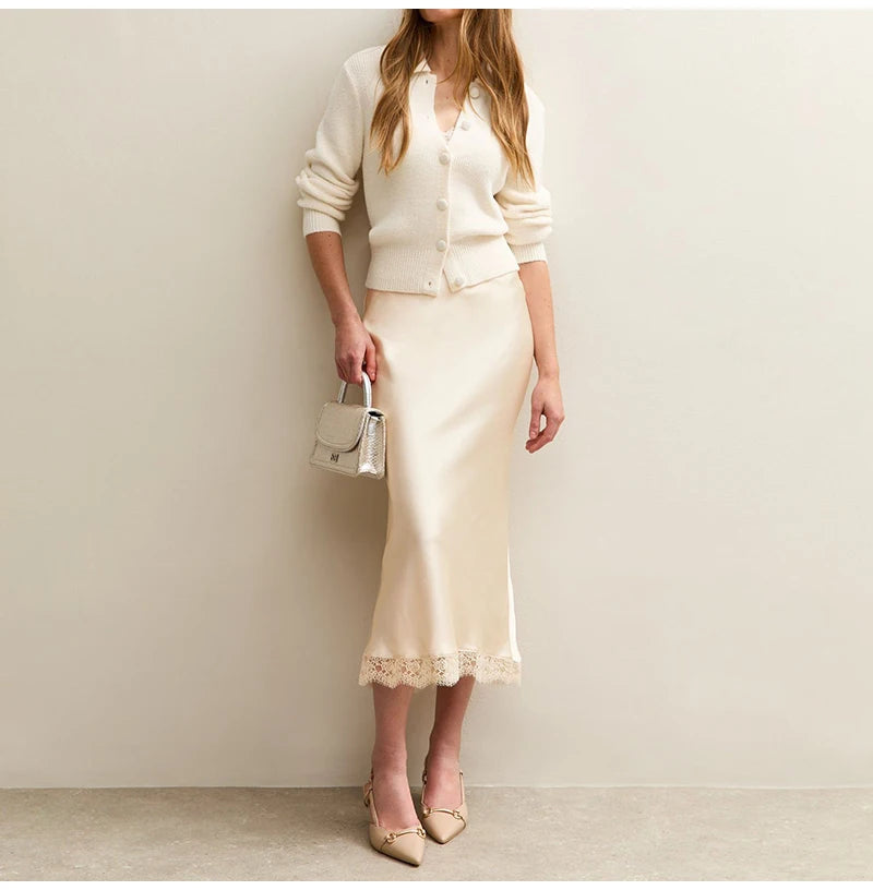 Zalia Atelier - Beige Satin and Lace Midi Skirt