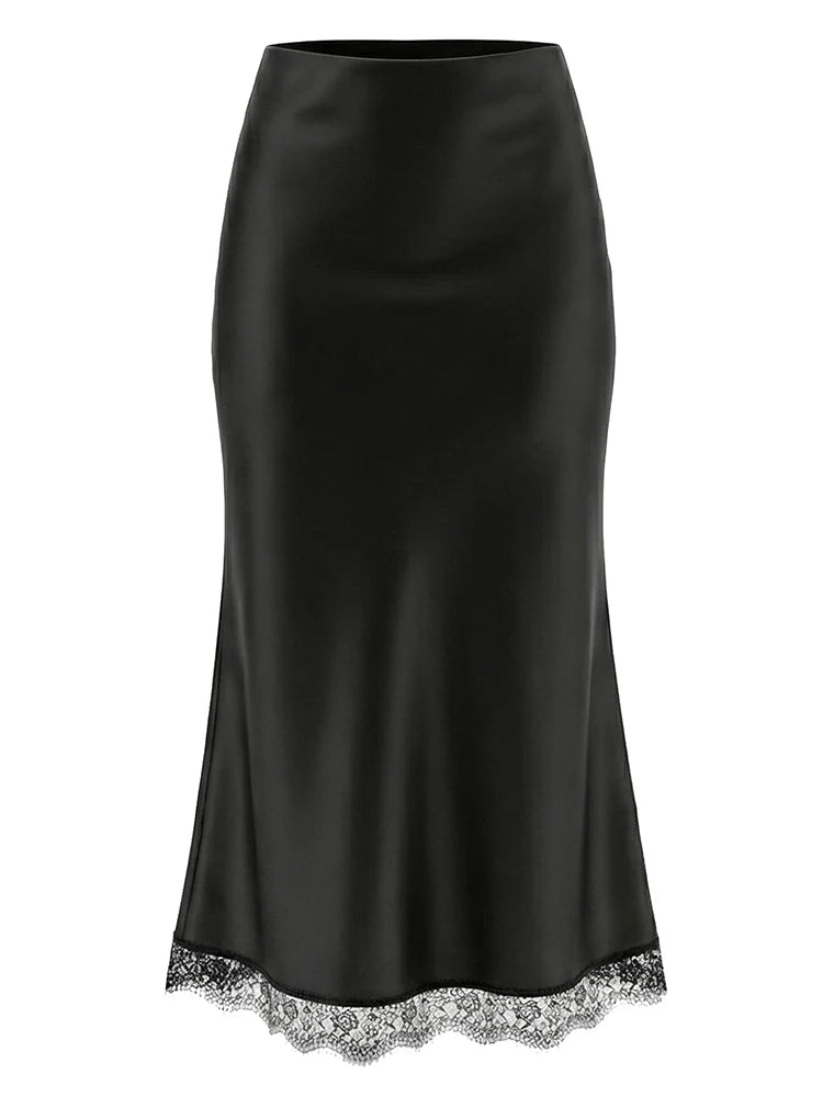 Zalia Atelier - Black Satin and Lace Midi Skirt