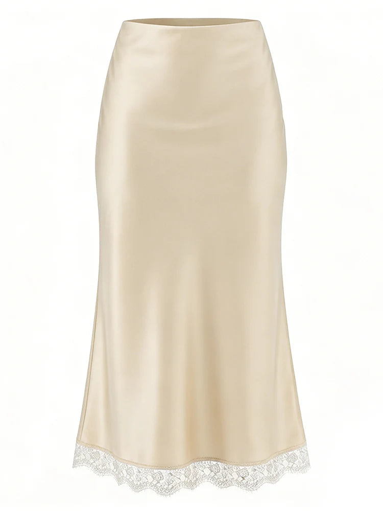 Zalia Atelier - Beige Satin and Lace Midi Skirt
