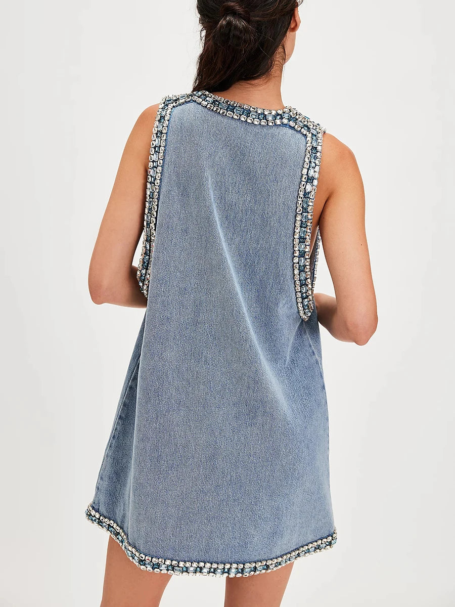 V Neck Denim Dress BLUE / L V Neck Denim Dress BLUE / L