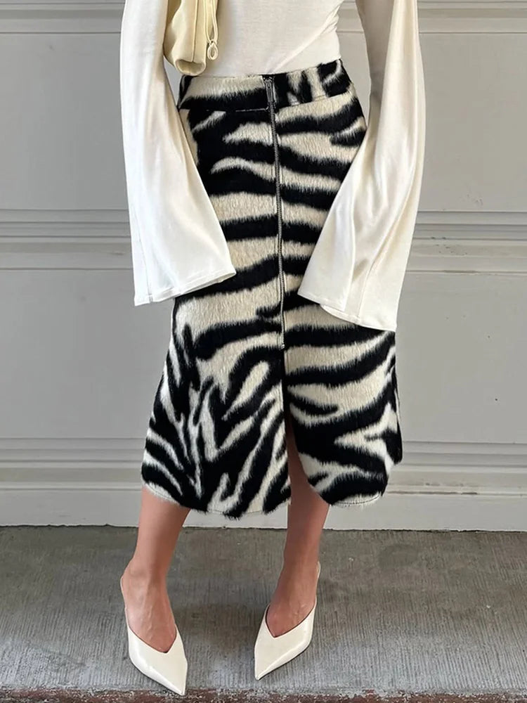 Faux Fur Zebra Midi Skirt