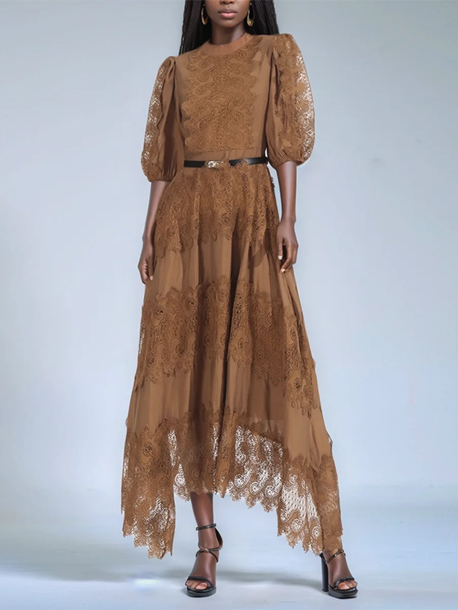 Belted Embroidered Lace Dress