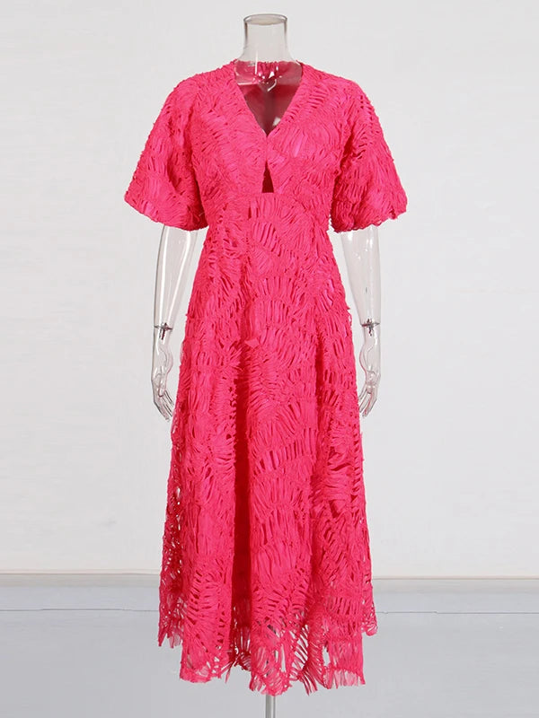 Rose Pink Woven Textured Midi Dress