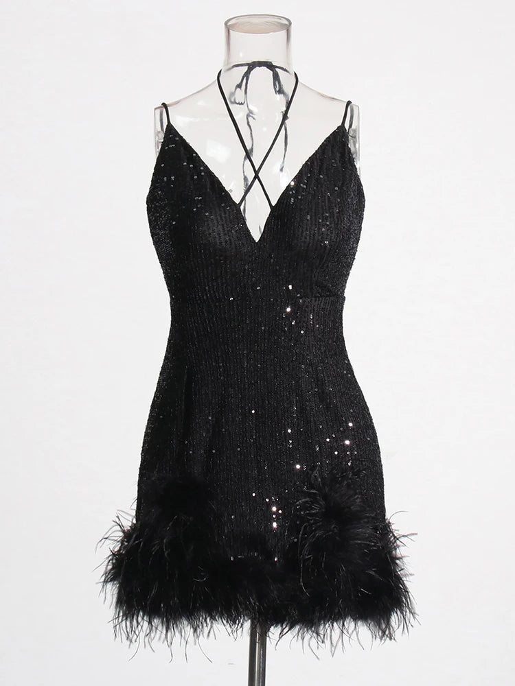 Feather Trim Mini Dress