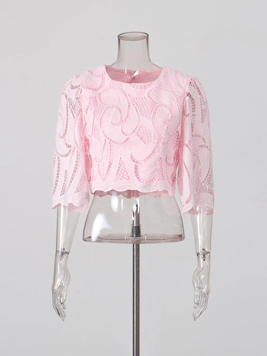 Pink Embroidered Two Piece Set - Blouse