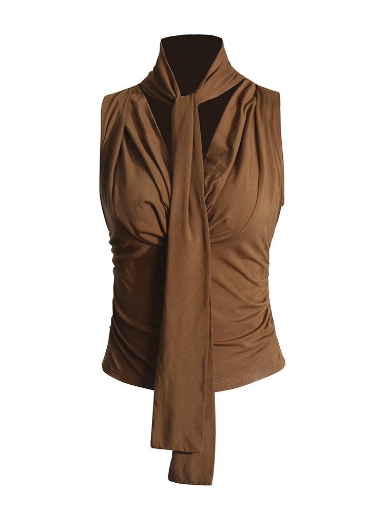 Zalia Atelier | Brown Scarf Collar Top