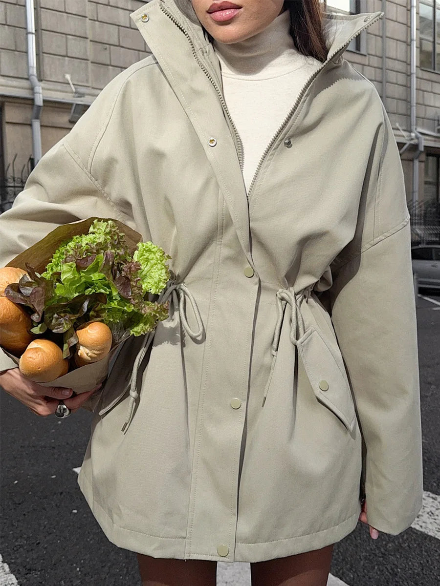Drawstring Waist Trench Jacket - Light Khaki