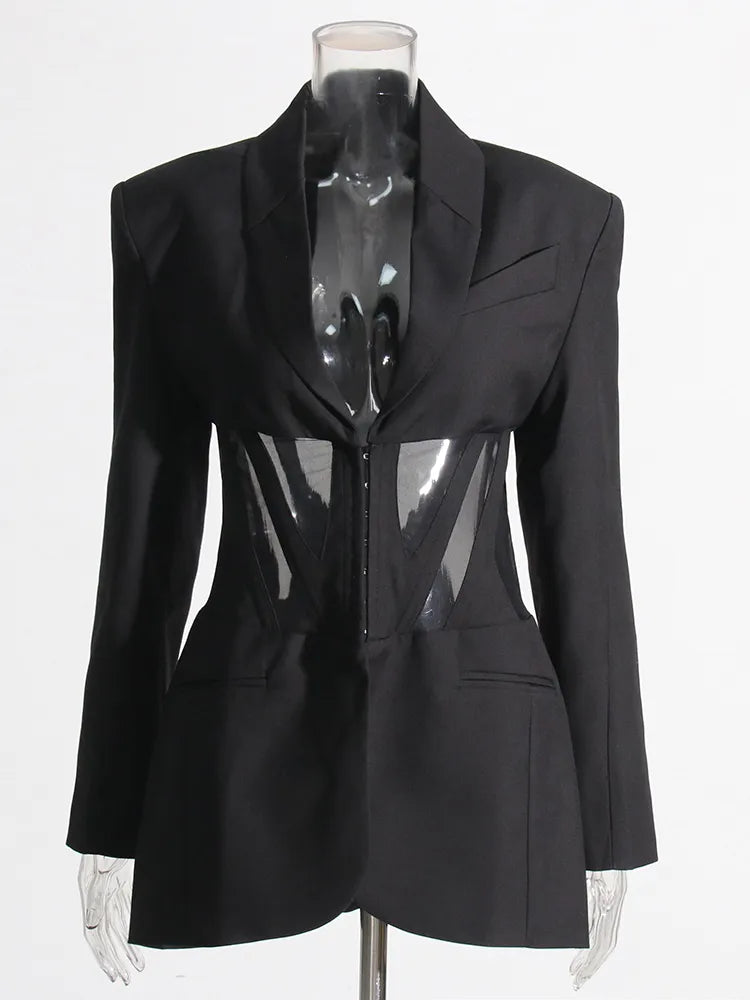 corset mesh blazer dress Long Sleeve Mesh Insert Tailored Corset Mini Dress In Black | EGO US