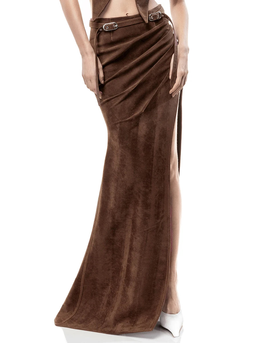 Belted Brown Maxi Skirt