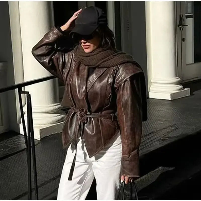 Faux Leather Belted Jacket