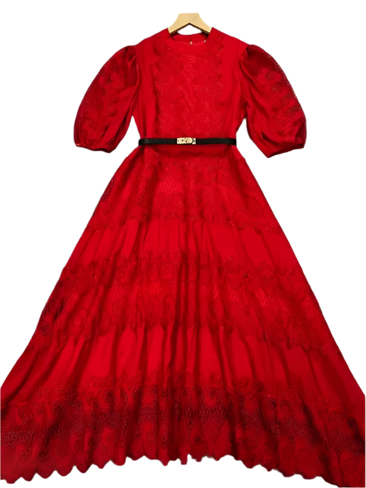 Belted Embroidered Lace Dress