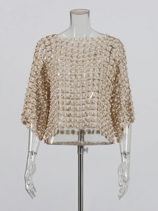 Zalia Atelier | Top with faux pearl appliques