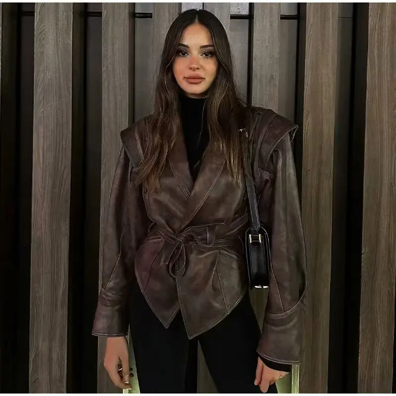 Faux Leather Belted Jacket | Drop Shoulder | Batwing Sleeves