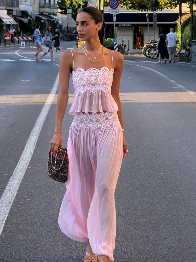 Pink Sheer Lace Detail Set Boho Style 2 Piecet top and pants set
